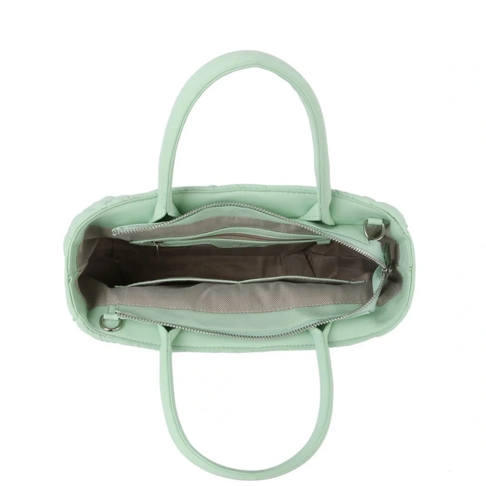 Ecostitch vegan leather Mint Grn puffy woven Tote top handles cross body strap
